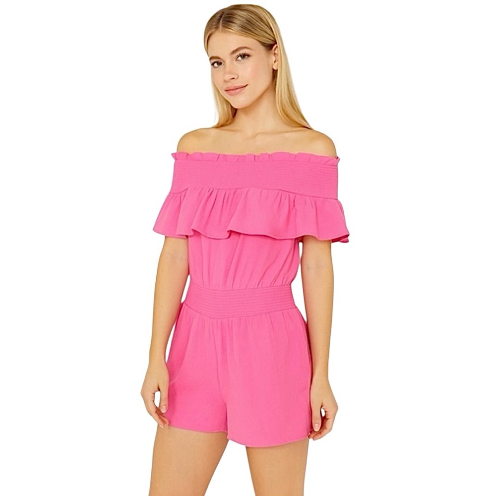 Vineyard Vines Knock Out Pink Gauze Smocked Off Shoulder Romper Size XS NWT